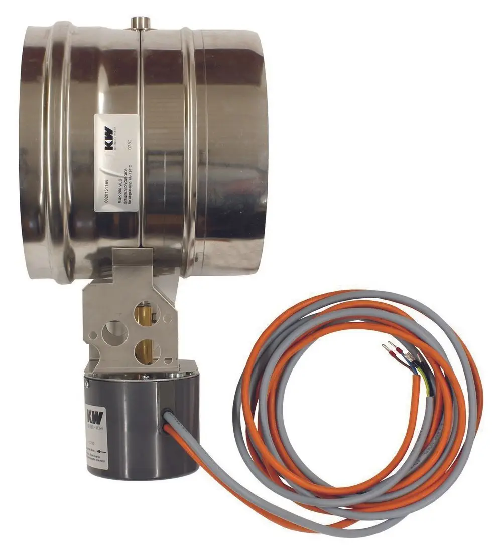 Abgasklappe aus Edelstahl mit elektrischem Antrieb, Kabelanschluss sichtbar. Produkt von Vaillant, geeignet für Heizsysteme.